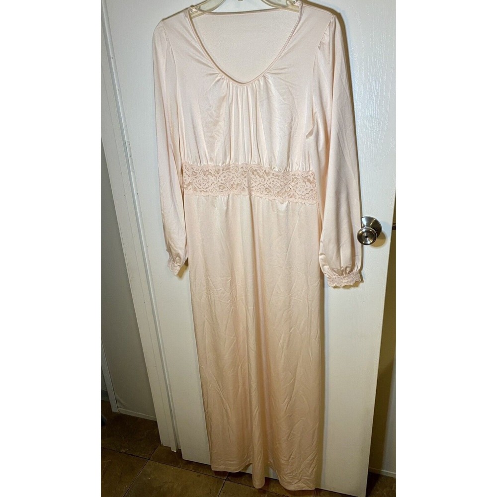 Vintage Shadowline Long Gown Size Medium Pink Long Round Neck Embroidered  L/S